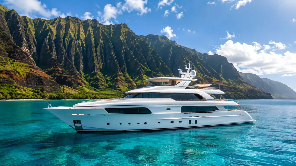 A private yacht anchored beneath the green cliffs of the Nāpali Coast
