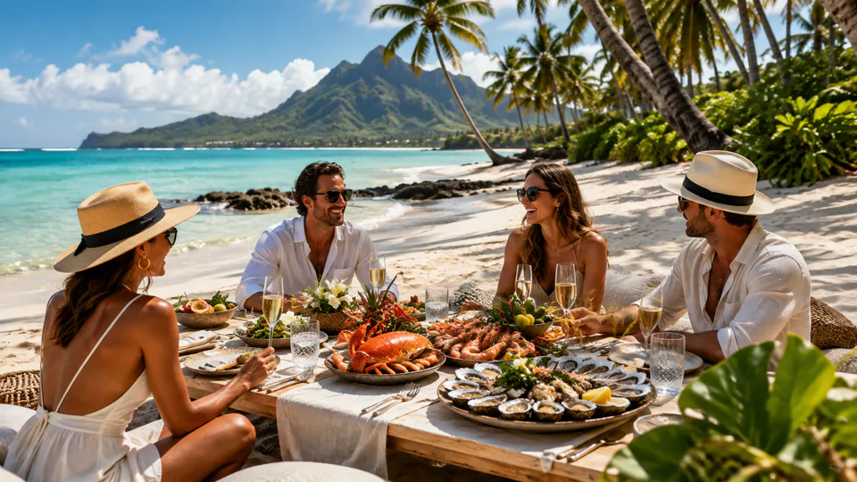 Friends sharing a private seafood picnic on a tropical beach