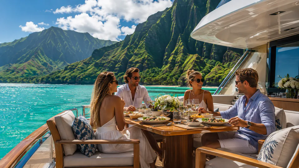 Friends sharing lunch on a yacht with the Nāpali Coast behind them