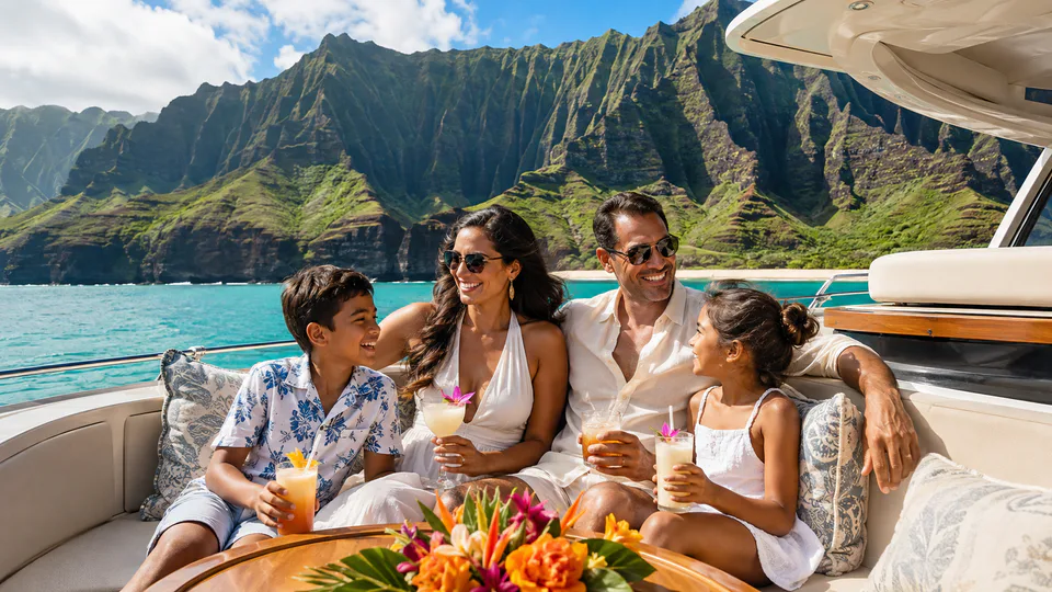 A family relaxing together aboard a private yacht off the Hawaiian coast