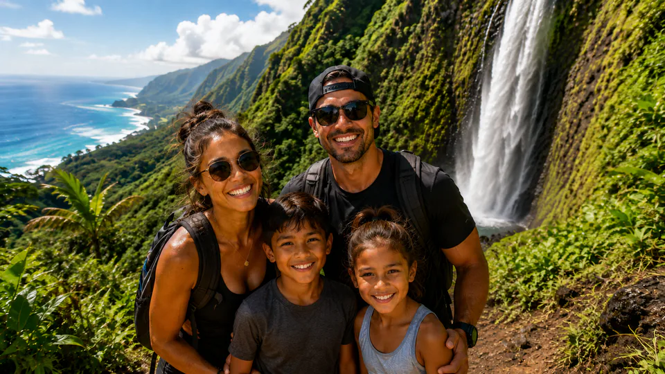 A family together at a waterfall overlook