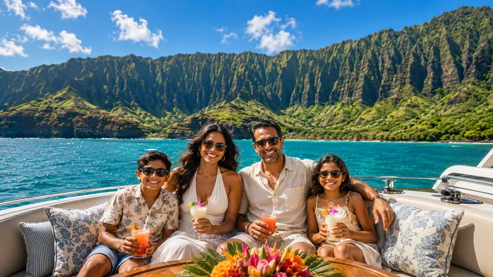 A family sharing tropical refreshments aboard a private yacht beneath the Nāpali Coast