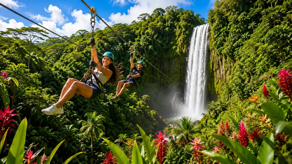 A couple ziplining above a tropical waterfall valley