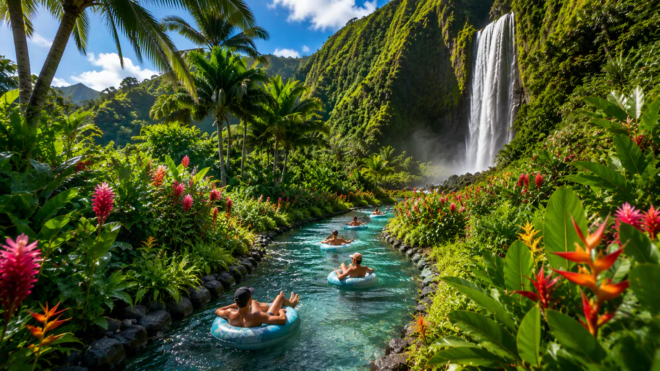 Guests tubing toward a waterfall through a tropical garden river