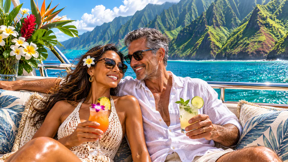 A couple enjoying tropical cocktails aboard a private yacht