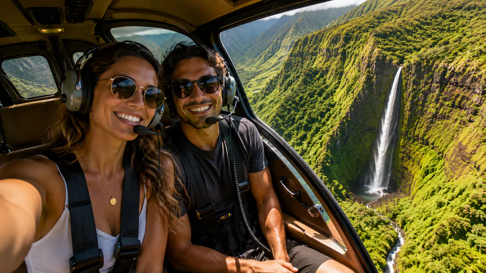 A couple taking a photograph inside a helicopter above a waterfall valley