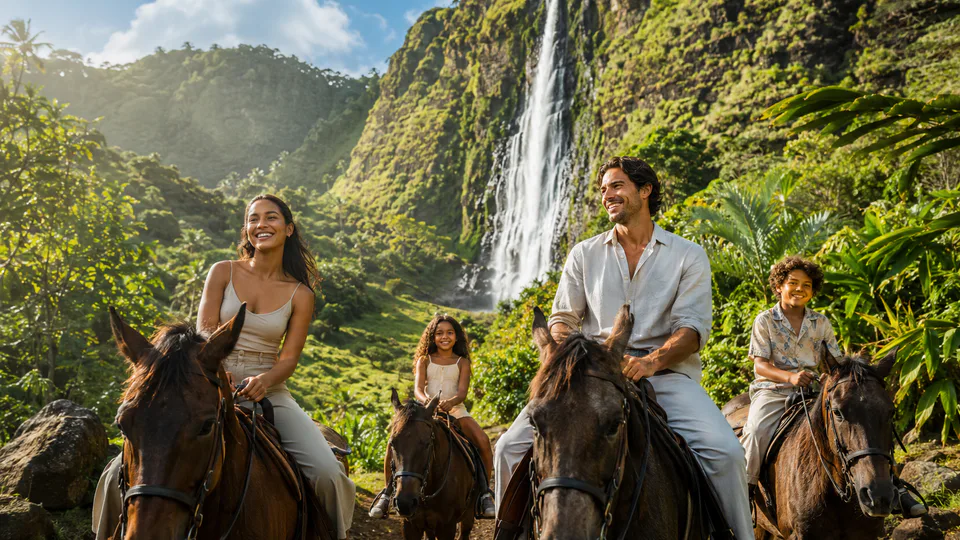 A family riding horseback through a Hawaiian waterfall valley