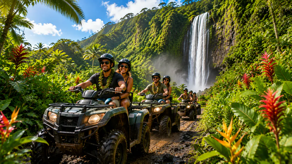 Guests riding all-terrain vehicles through a tropical waterfall valley