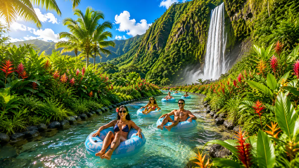 Guests drifting along a clear river through a tropical waterfall garden