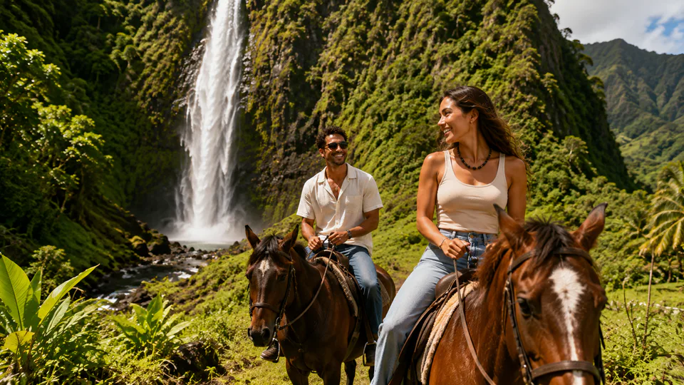 A couple riding horseback through a waterfall valley