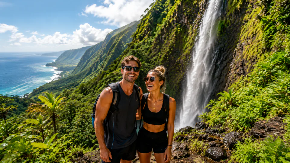 A couple pausing beside a waterfall on a private valley trek