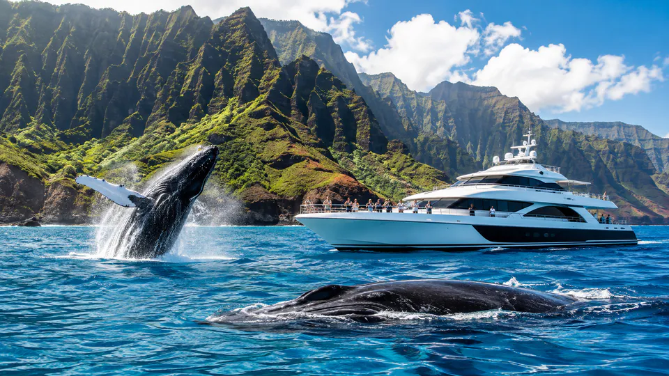 A humpback whale breaching near a private yacht off the Hawaiian coast